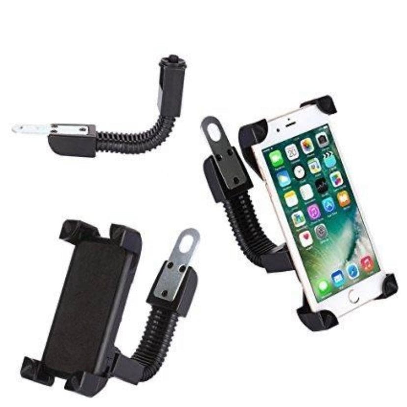 Motorcycle phone holder by 9eight5 attached to handlebars, holding a smartphone securely for easy navigation and access.