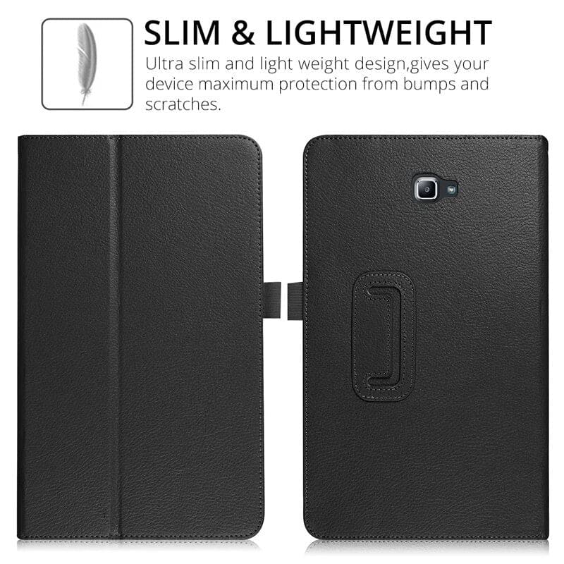 Black synthetic leather cover for Samsung Galaxy Tab A 10.1” (2016) T580/T585, by 9eight5, shown on the tablet.