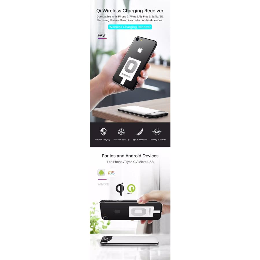 Wireless charging receiver for Type B Micro USB devices by 9eight5, compact phone and tablet accessory for wireless charging.