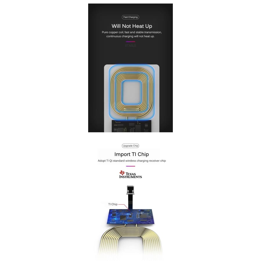 9eight5 wireless charging receiver for iPhone, compact phone accessory with integrated wireless charging module.