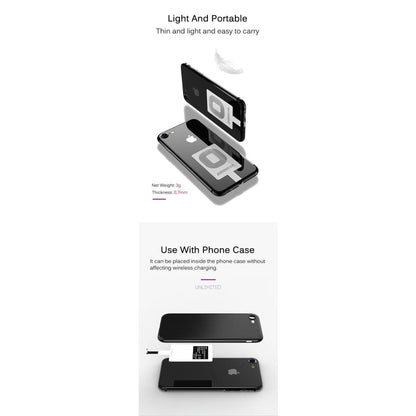 9eight5 wireless charging receiver for iPhone, compact accessory with connectors for seamless wireless charging on smartphones.