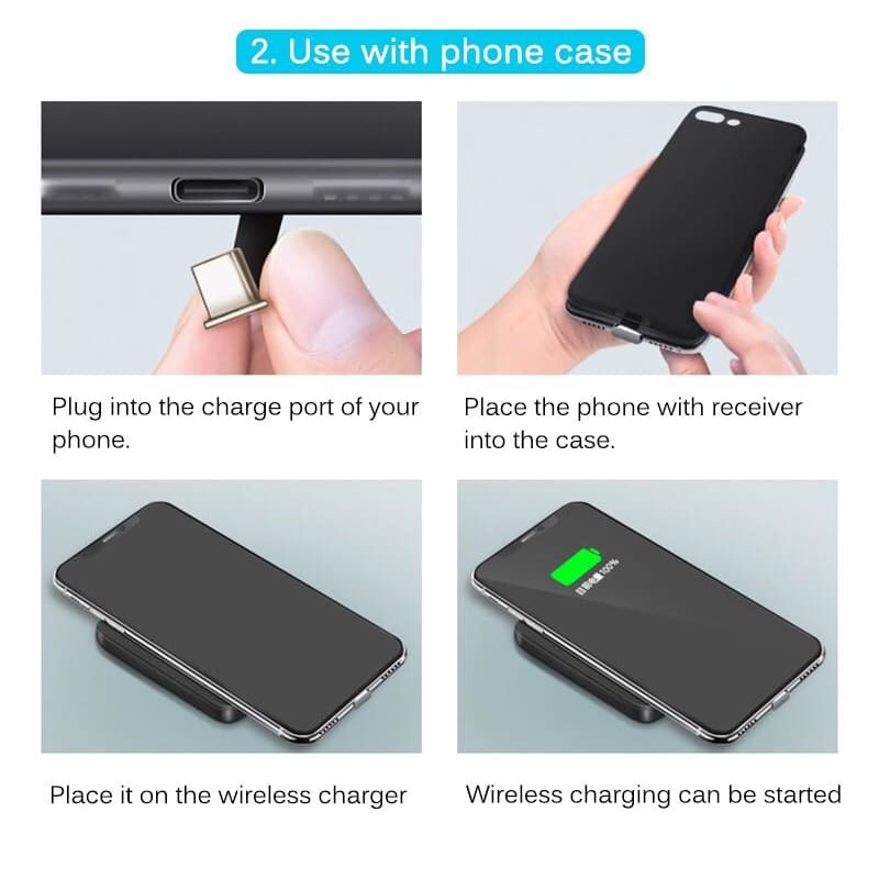 9eight5 Wireless Charging Receiver for iPhone, compact accessory attached to phone for wireless charging compatibility.