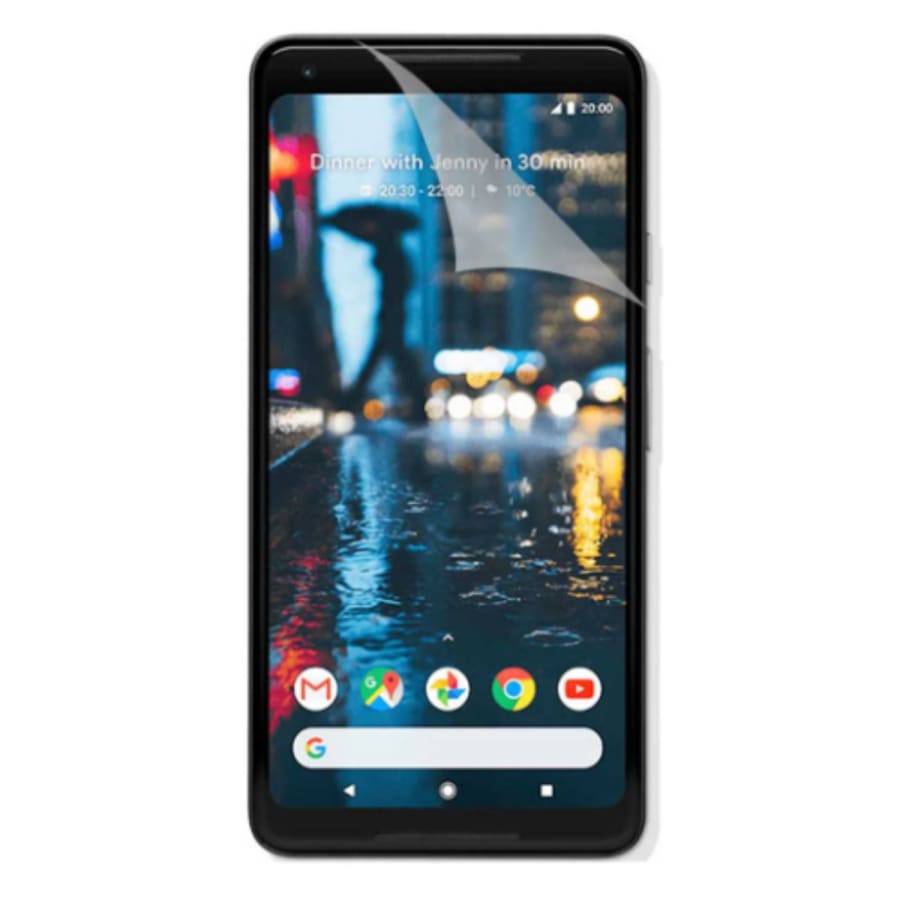 Hydrogel screen protector for Google Pixel 2 XL by 9eight5, showing the clear, flexible film covering the phone screen.
