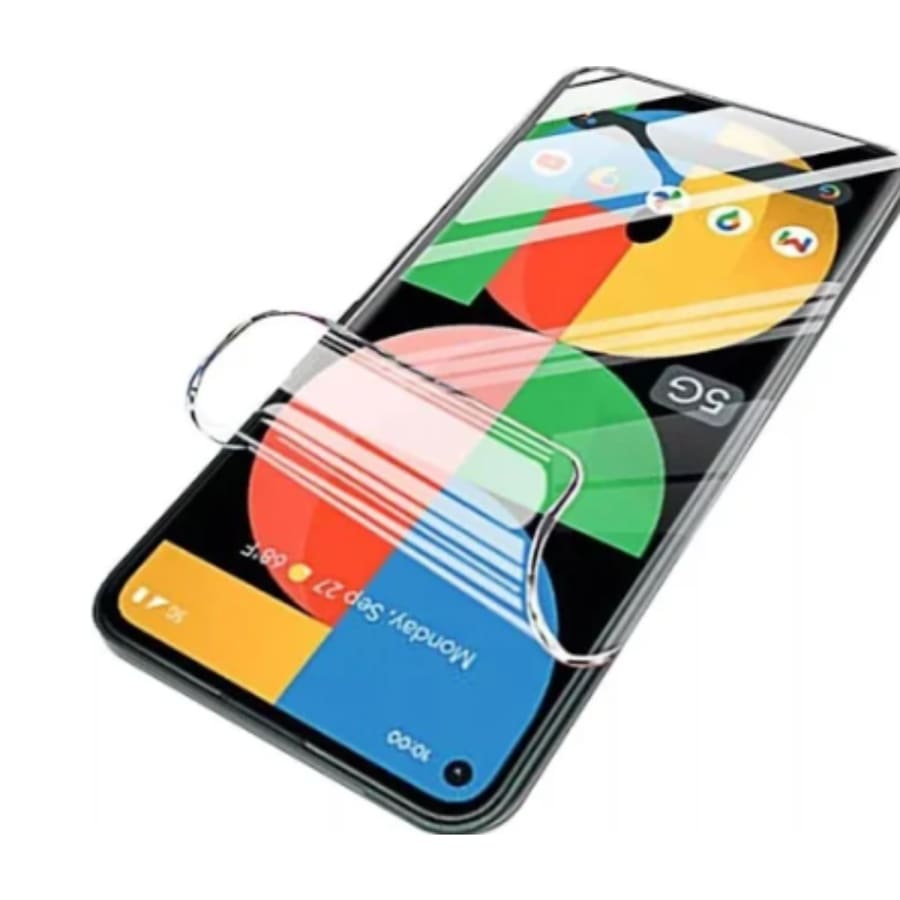 Hydrogel screen protector for Google Pixel 5a 5G, by 9eight5, showing a clear, flexible protective film over the phone screen