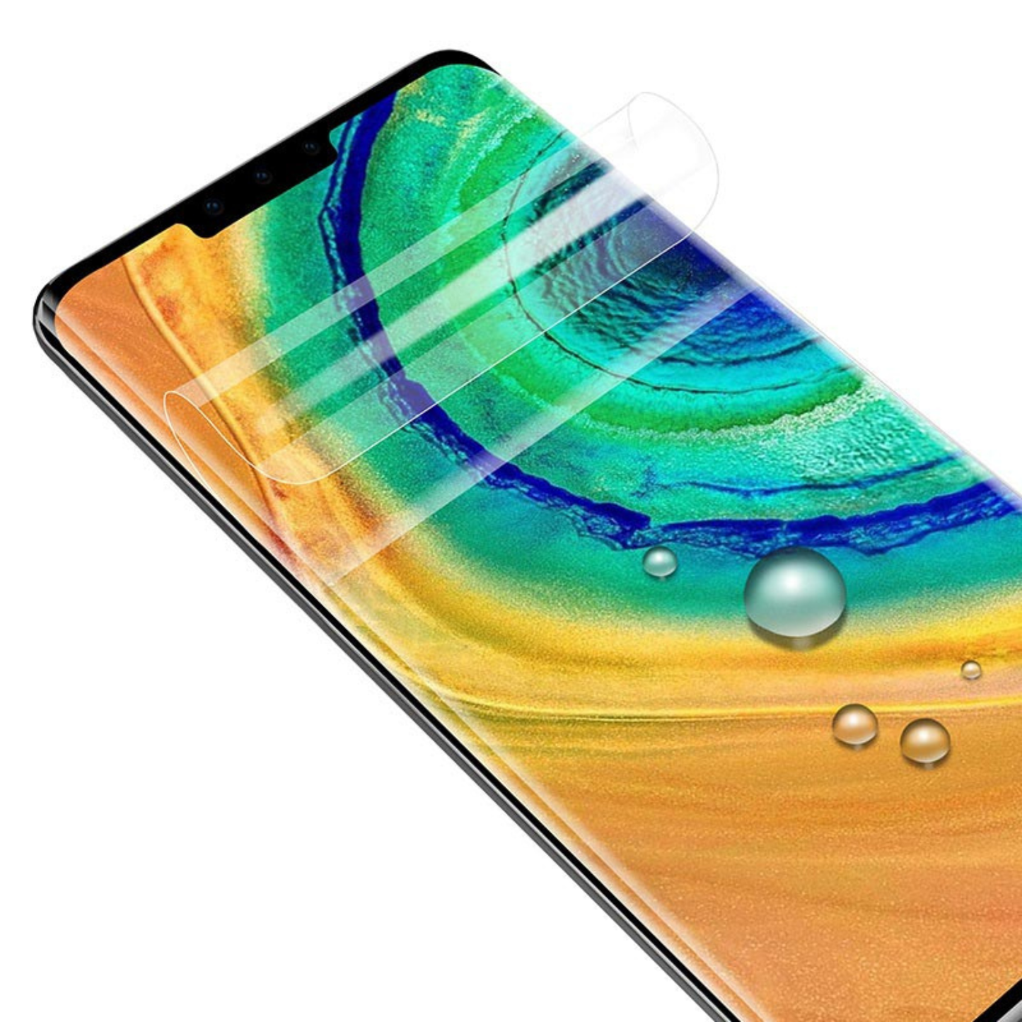 Hydrogel screen protector for Huawei Mate 30E Pro 5G by 9eight5, showing the transparent film fitting over the phone screen.