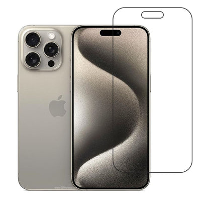 9eight5 screen protector for iPhone 15 Pro Max 6.7-inch, showing clear, edge-to-edge protection on the phone screen.