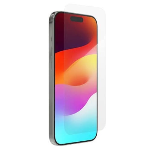 9eight5 screen protector for iPhone 15 (6.1-inch) showing clear, edge-to-edge screen coverage on a sleek smartphone display.