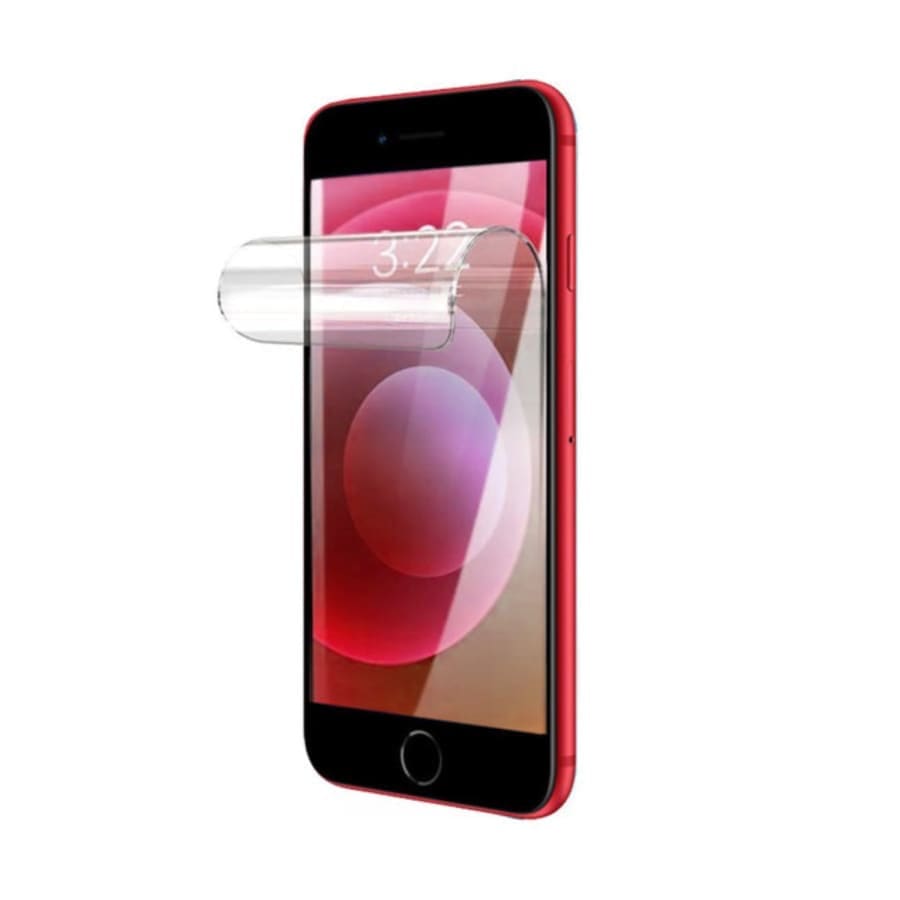 Two 9eight5 hydrogel screen protectors for iPhone 7 and 8, showing clear, flexible protection for smartphone screens.