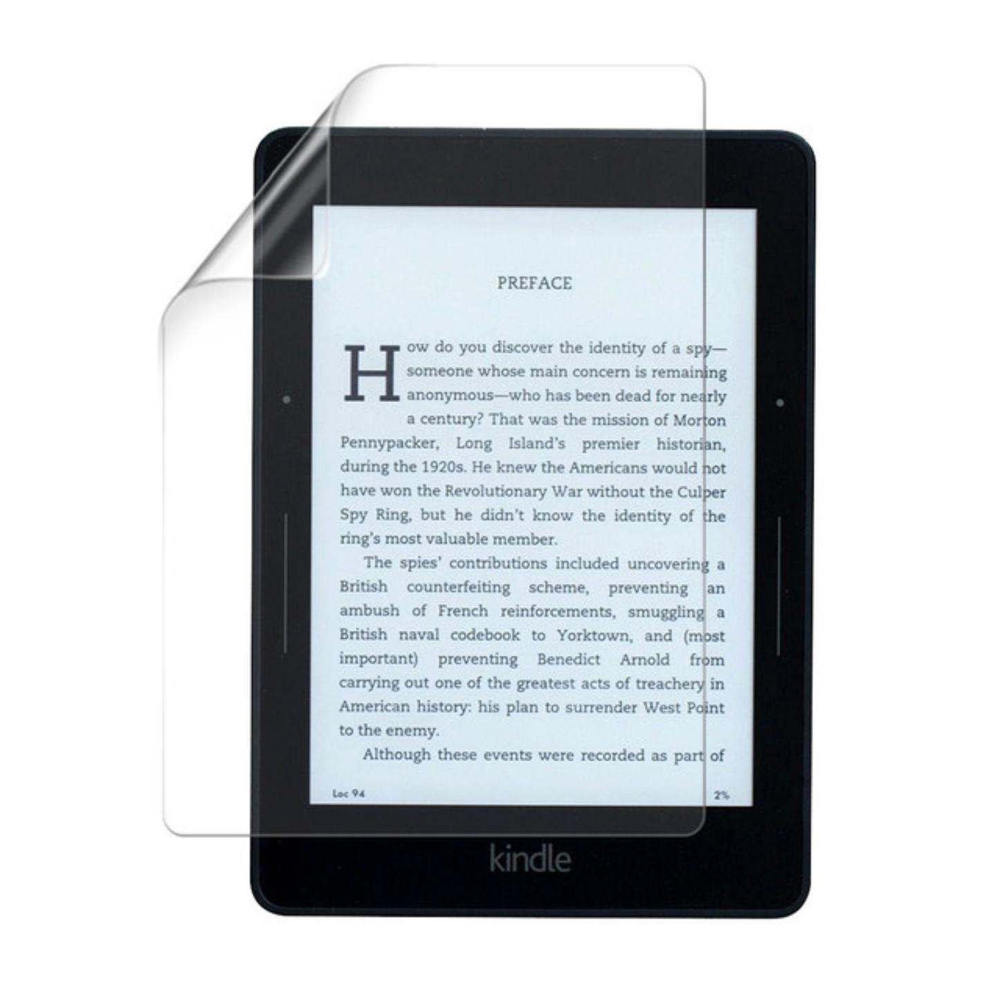 Set of two 9eight5 hydrogel screen protectors for Kindle Voyage, showing clear, flexible protectors fitting the device screen.