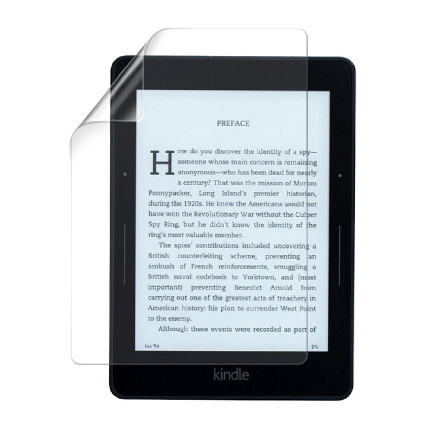 Set of two 9eight5 hydrogel screen protectors for Kindle Voyage, showing clear, flexible protectors fitting the device screen.