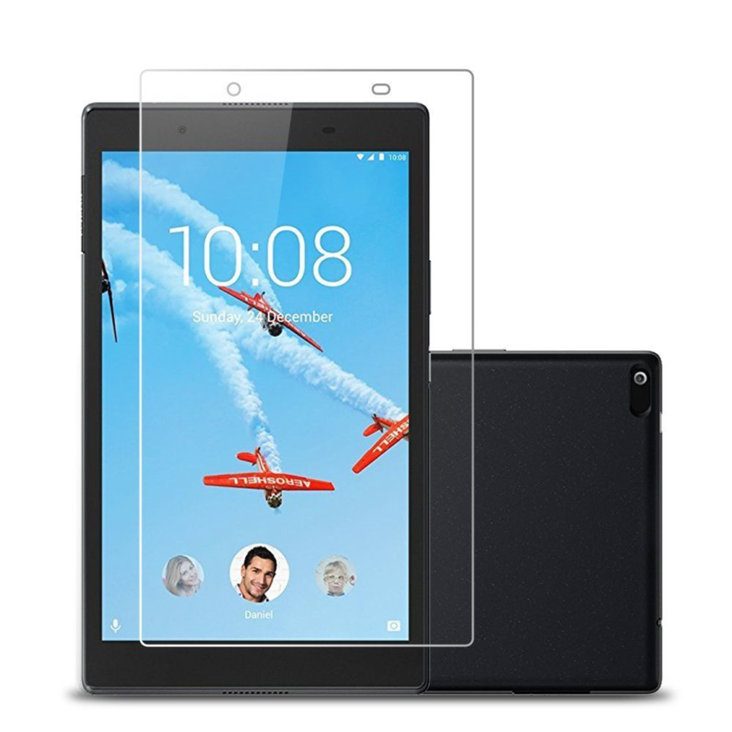 Two 9eight5 hydrogel screen protectors for Lenovo Tab E8, showing clear, flexible protective film on tablet screen.