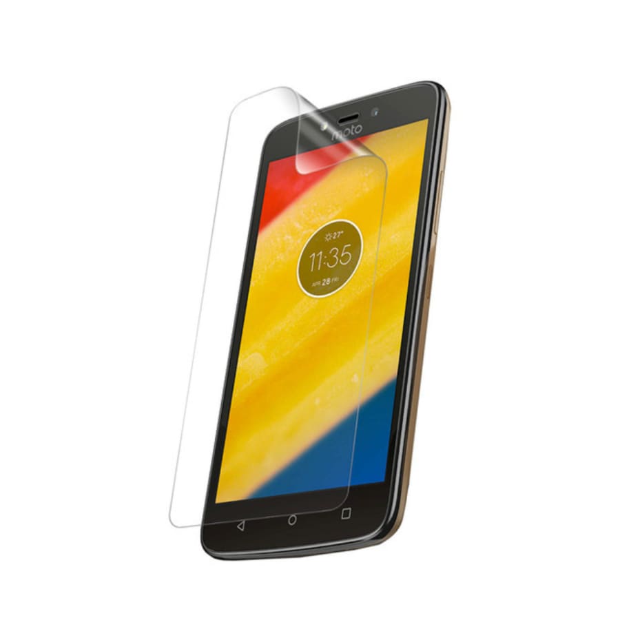 Hydrogel screen protector for Moto C Plus 2017 by 9eight5, showing a clear film covering the phone screen.