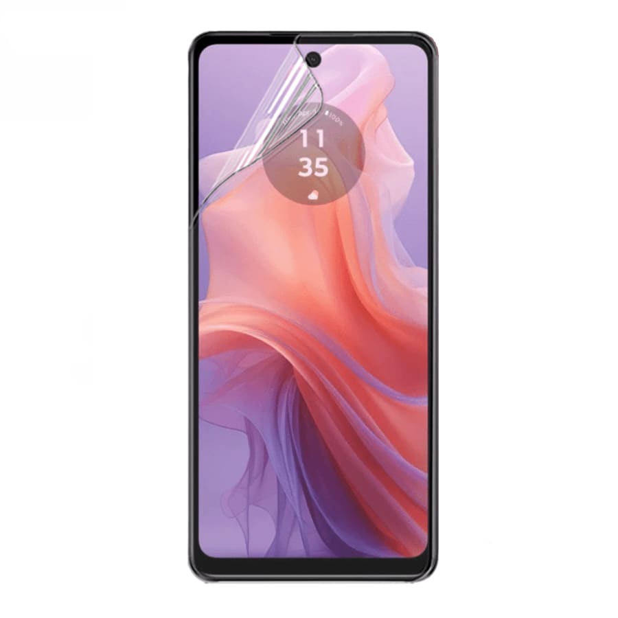 Hydrogel screen protector for Moto E14 (2024) by 9eight5, showing a clear, flexible cover fitting the smartphone screen.