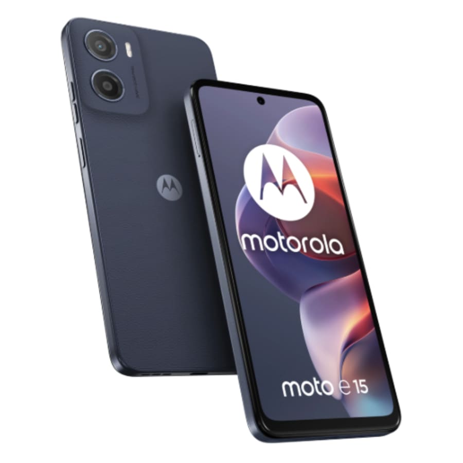 Hydrogel screen protectors for Moto E15 by 9eight5, pack of 2, showing clear, flexible film covering the phone screen.