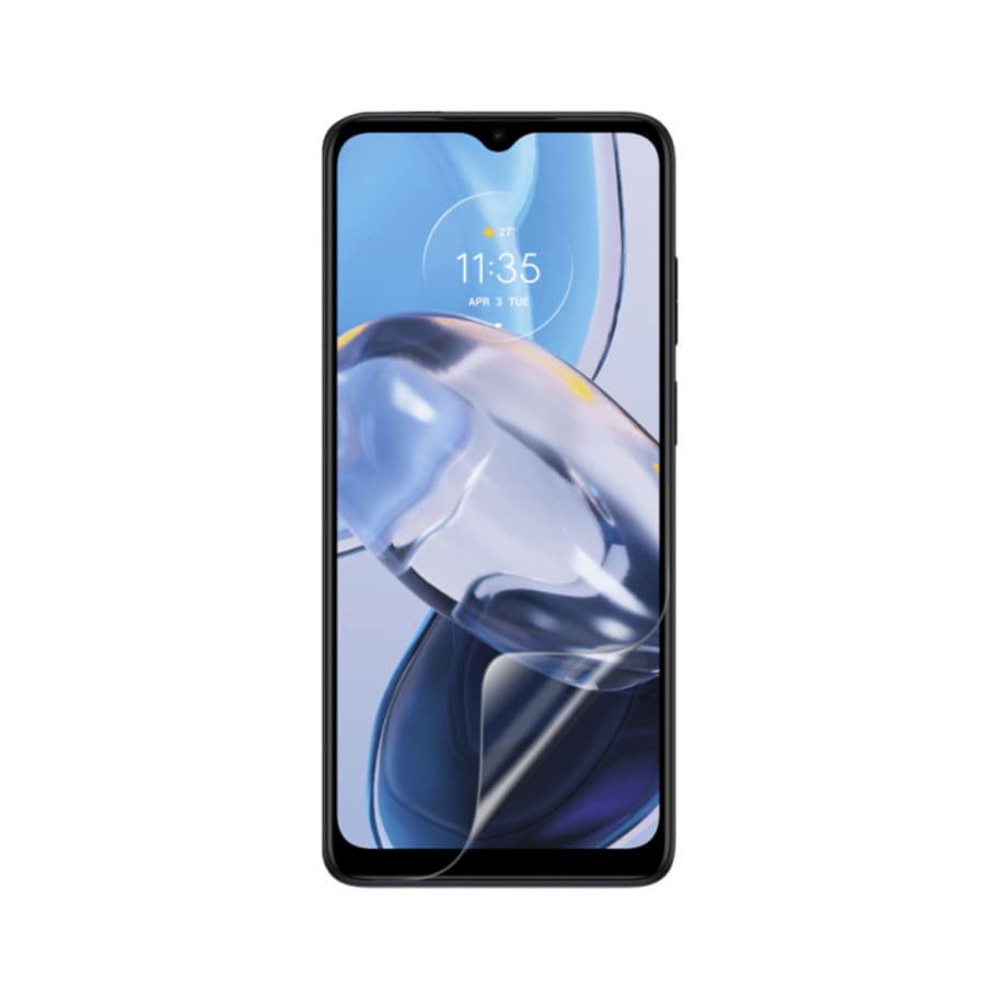 Hydrogel screen protectors for Moto E22 (2022) by 9eight5, pack of 2, showing the clear, flexible protectors on a smartphone screen.