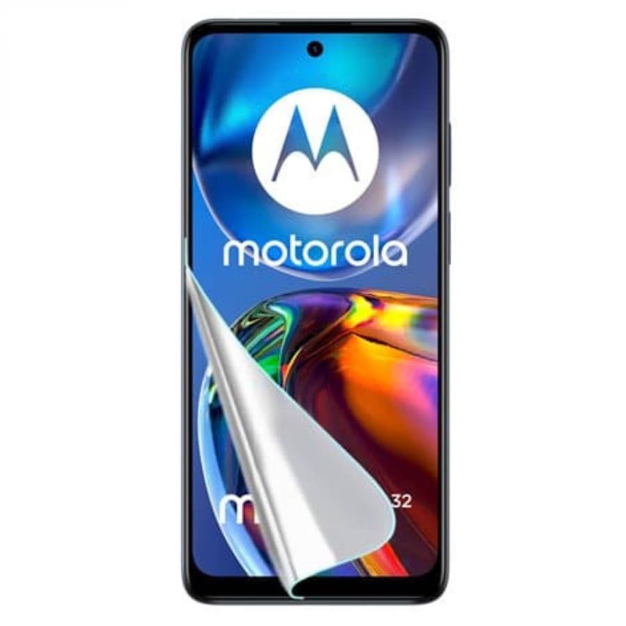 Hydrogel screen protector for Moto E32 (2022) by 9eight5, showing the clear, thin protective film on the phone screen.