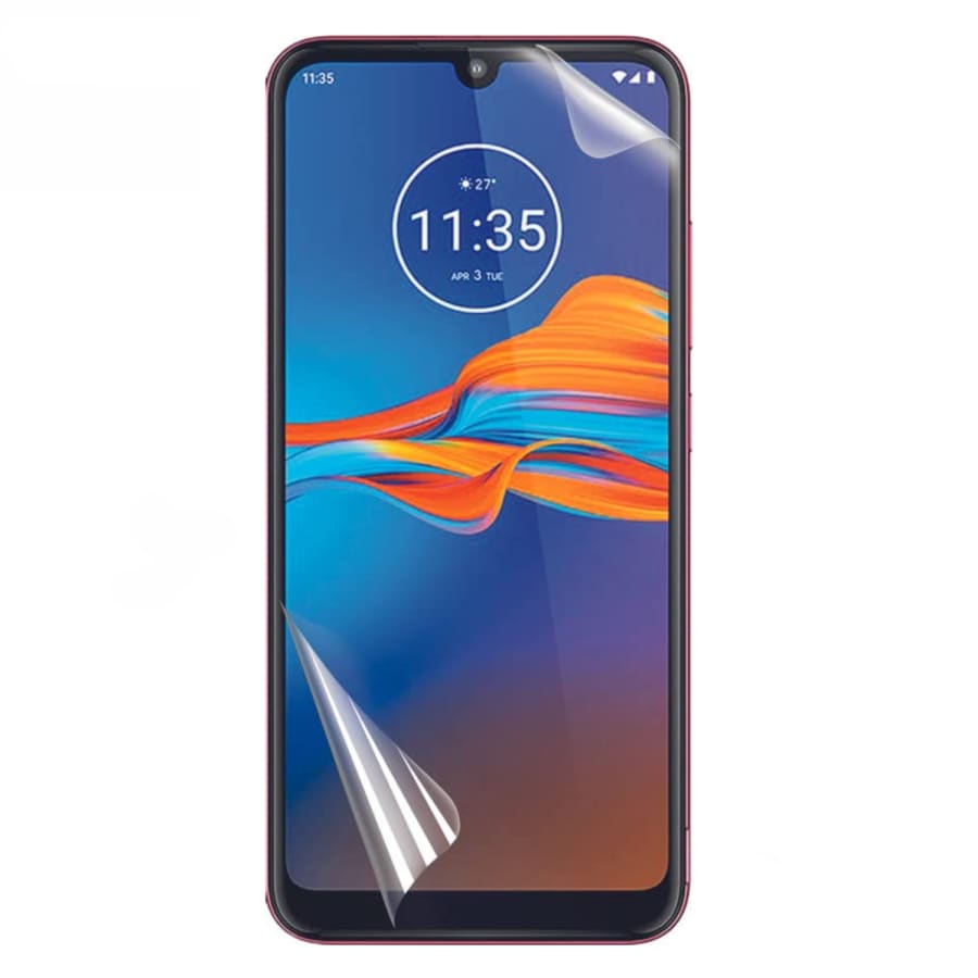Hydrogel screen protector for Moto E6 Plus 2019 by 9eight5, demonstrating surface fit and edge coverage on a smartphone screen.