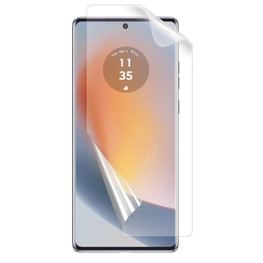 Hydrogel screen protector for Moto Edge 50 Fusion by 9eight5, showing a clear, flexible film covering the phone screen.