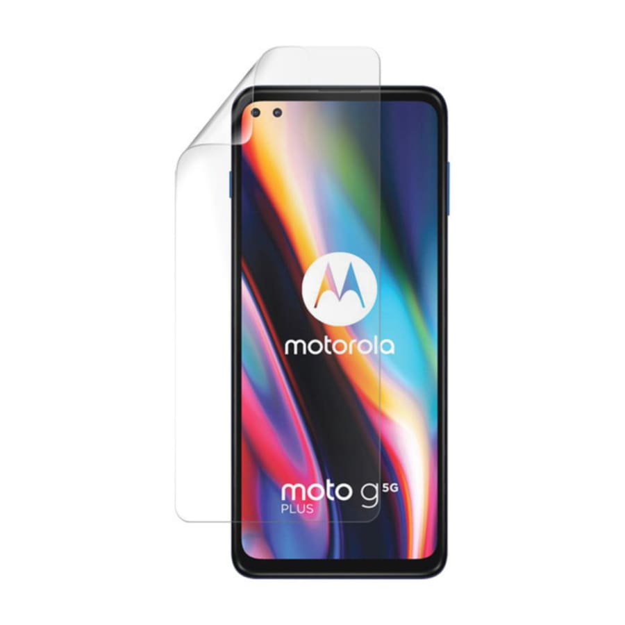 Hydrogel screen protector for Moto G 5G Plus 2020 by 9eight5, showing a clear, flexible film fitting the phone screen.