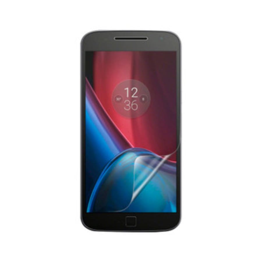 Hydrogel screen protector for Moto G4 (2016) by 9eight5, showing a clear, flexible protective film on smartphone screen.