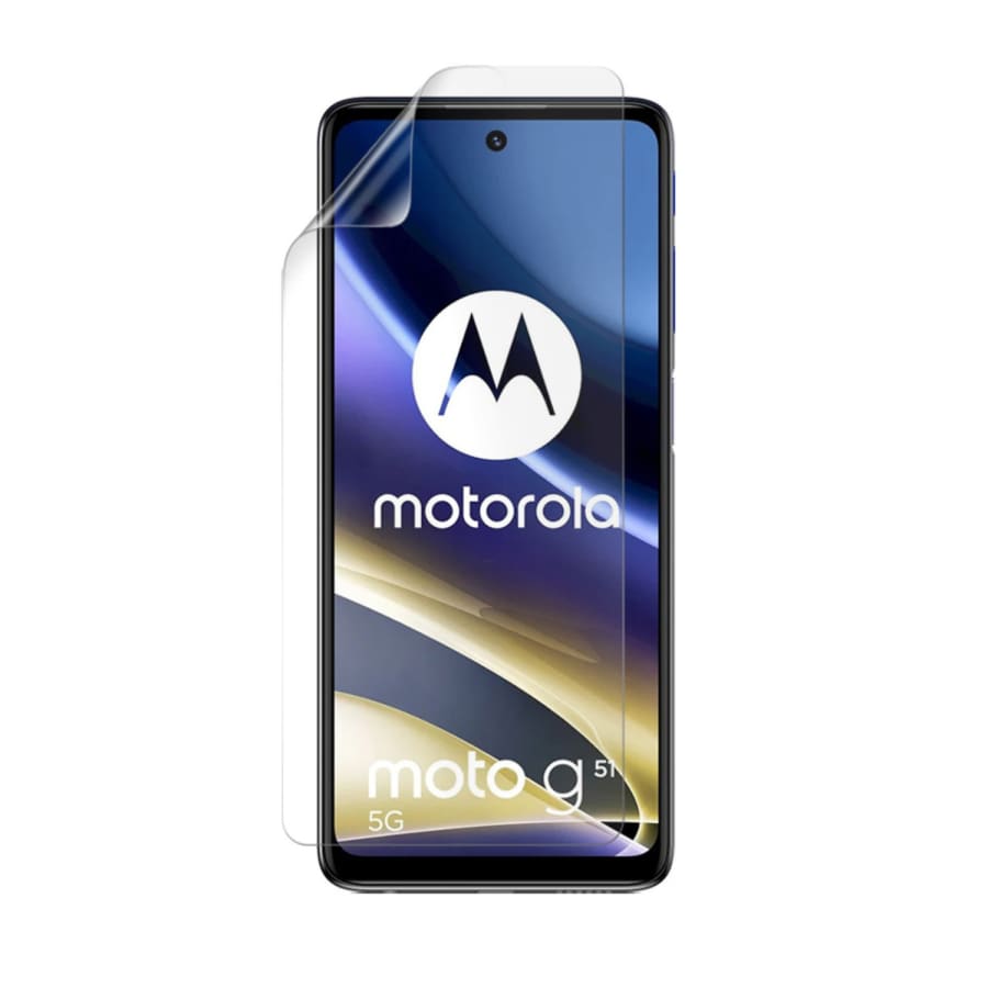 Hydrogel screen protector for Moto G51 5G by 9eight5, showing clear, flexible film covering a smartphone screen for protection.