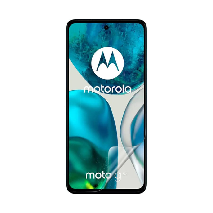 Hydrogel screen protector for Moto G52 (2022) by 9eight5, shown on smartphone screen, pack of 2 for device protection.