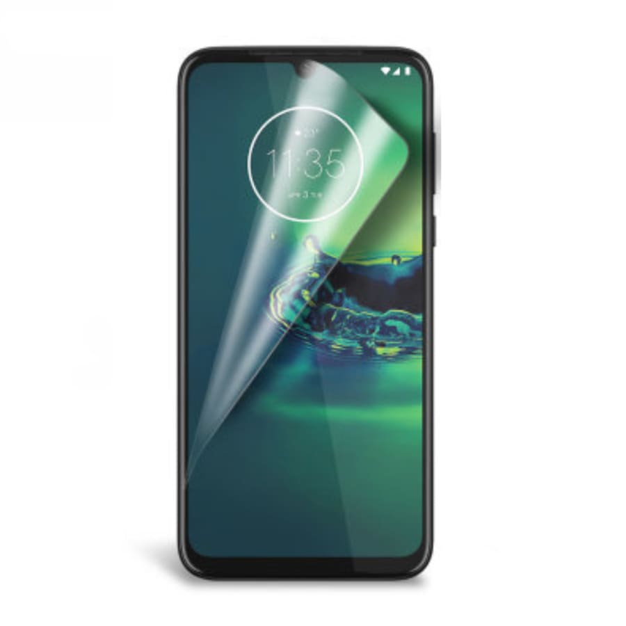 Hydrogel screen protector for Moto G8 Plus by 9eight5, showing the clear, flexible shield fitting the phone screen smoothly.