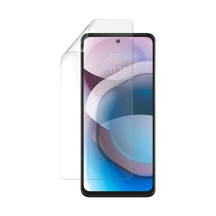 Hydrogel screen protector for Motorola One 5G Ace by 9eight5, showing the clear, thin film covering the phone screen.
