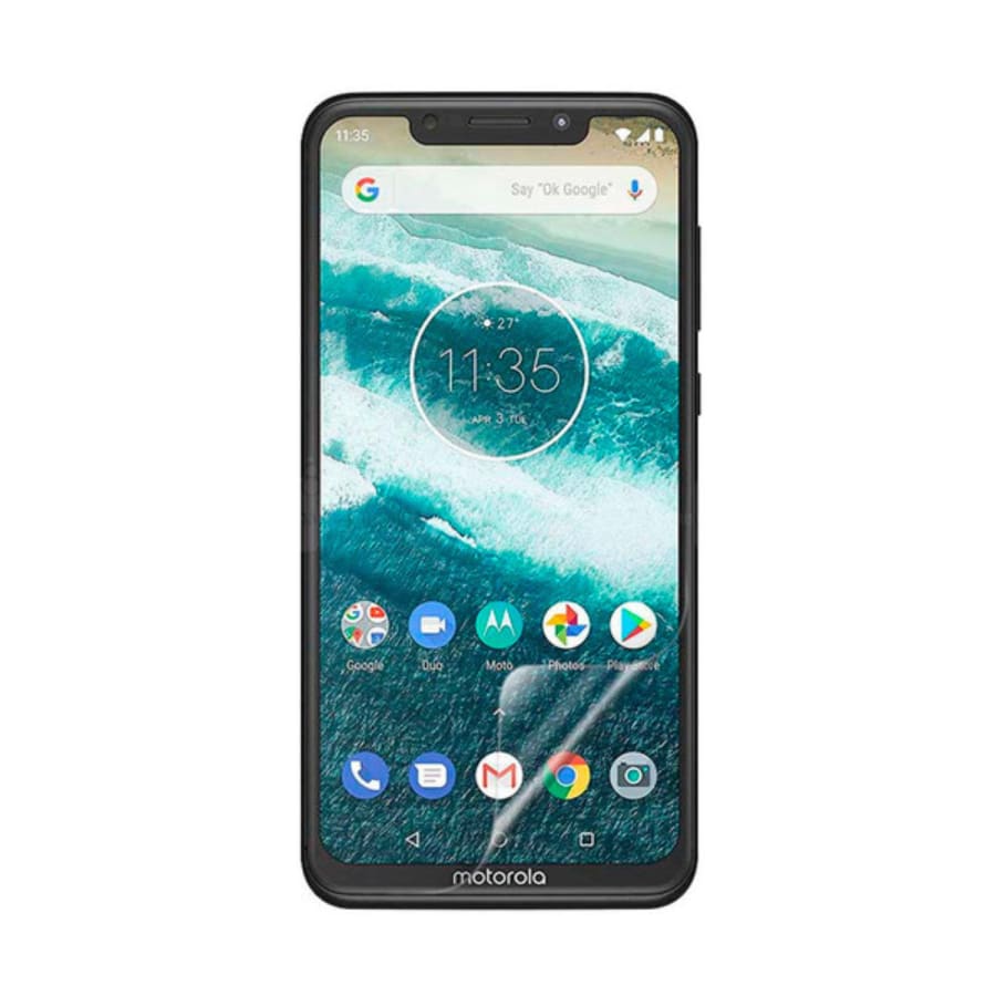 Two 9eight5 hydrogel screen protectors for Motorola One, showing clear, flexible film protecting the phone screen.