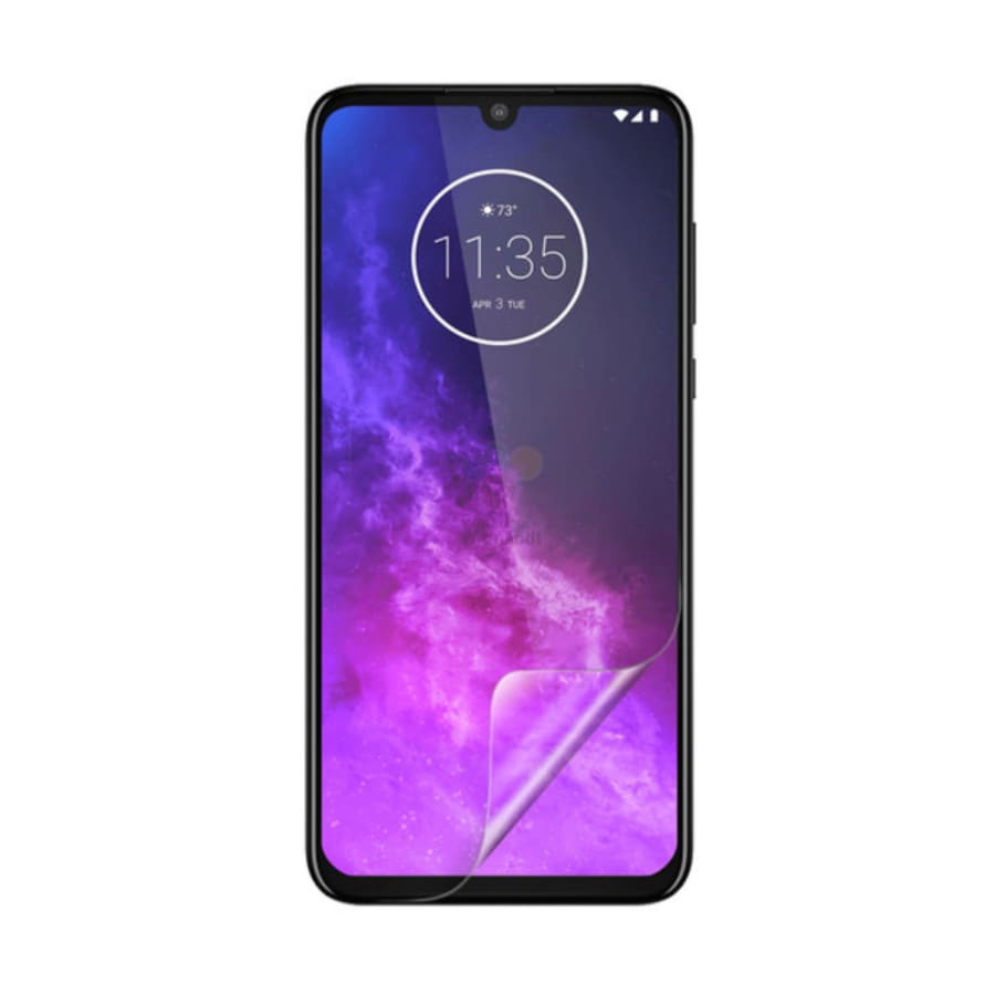 Hydrogel screen protector for Motorola One Zoom by 9eight5, showing the clear, flexible film covering the phone screen.