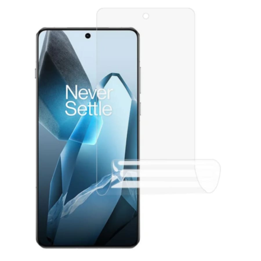Hydrogel screen protector for OnePlus 13 by 9eight5, showing a transparent protective film on a smartphone screen.