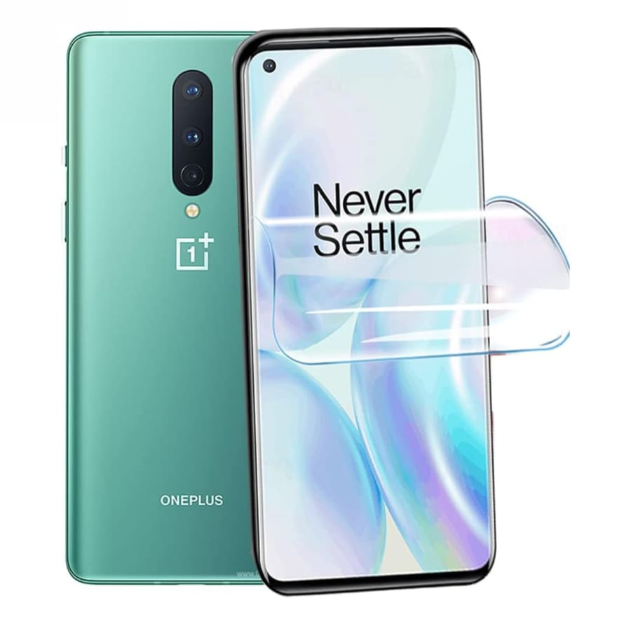 Hydrogel screen protector for OnePlus 8 Pro by 9eight5, showing a close-up of the transparent film on the phone screen.