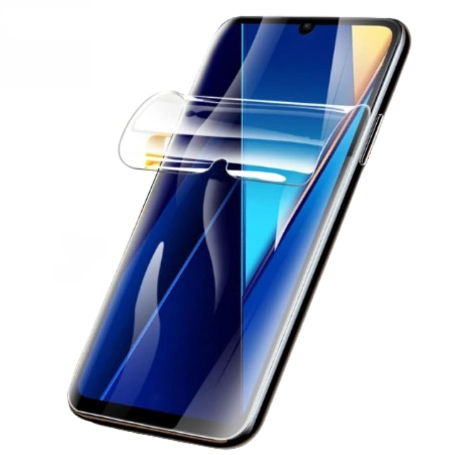 Hydrogel screen protector for POCO C65 by 9eight5, shows a clear, flexible film covering the phone screen.