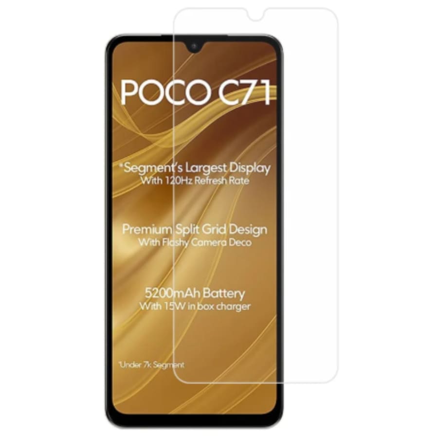 Hydrogel screen protector for POCO C71 by 9eight5, showing the clear, flexible film covering the phone screen.