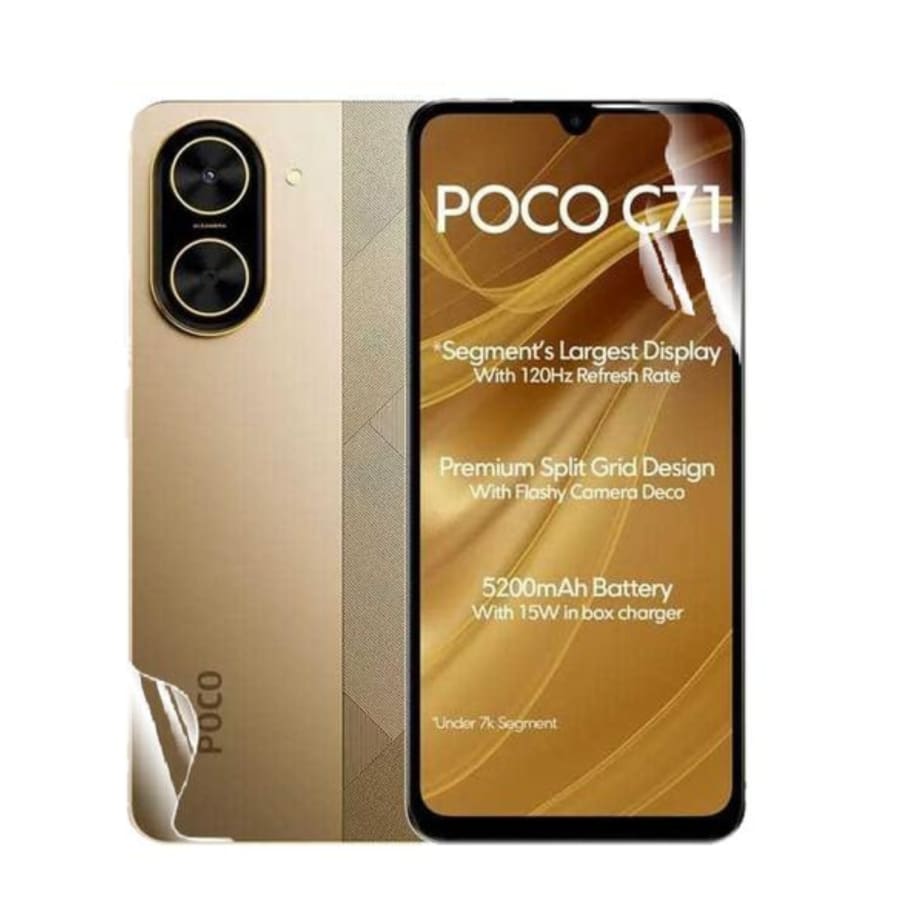 Hydrogel screen protector for POCO C71 by 9eight5, showing a clear, flexible film covering the phone screen.