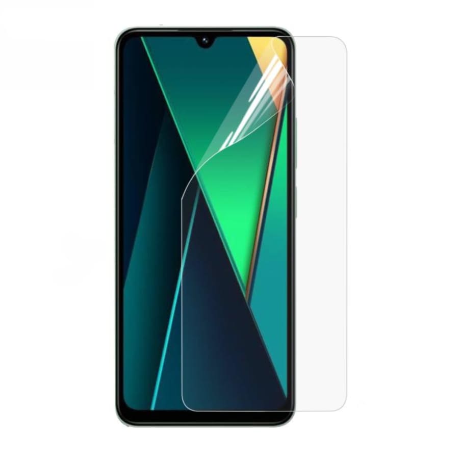 Hydrogel screen protector for POCO C75 by 9eight5, showing a clear, flexible film covering the phone screen.