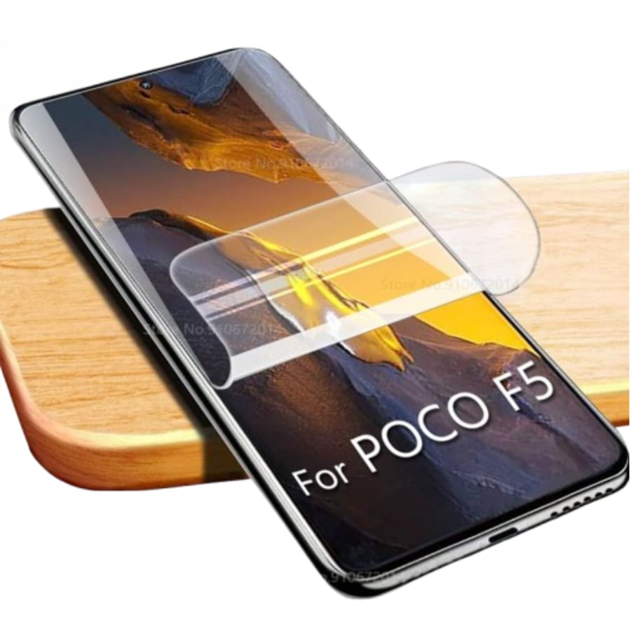 Hydrogel screen protector for POCO F5 5G by 9eight5, showing a clear flexible film covering the phone screen.
