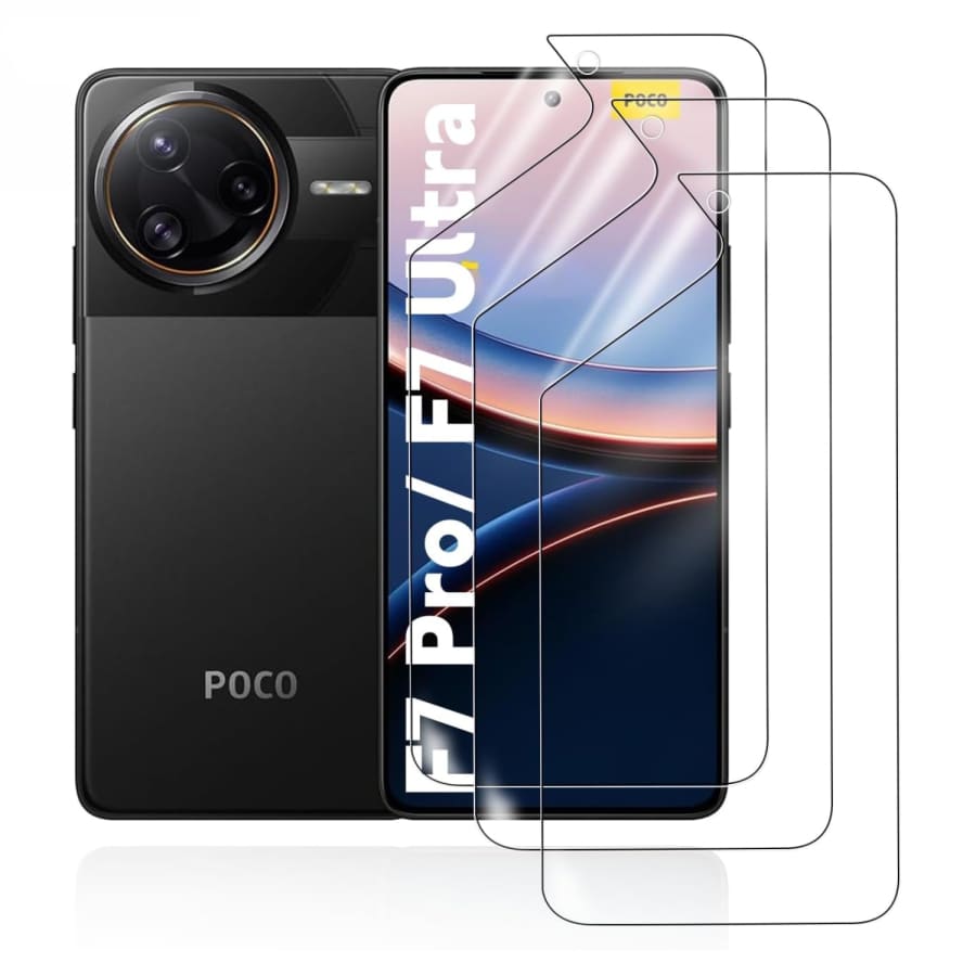 Hydrogel screen protector for POCO F7 Pro by 9eight5, showing the clear, flexible film covering a smartphone screen.