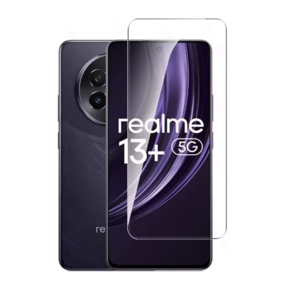 Hydrogel screen protector for Realme 13+ by 9eight5, showing a clear, flexible film covering the phone screen for protection.