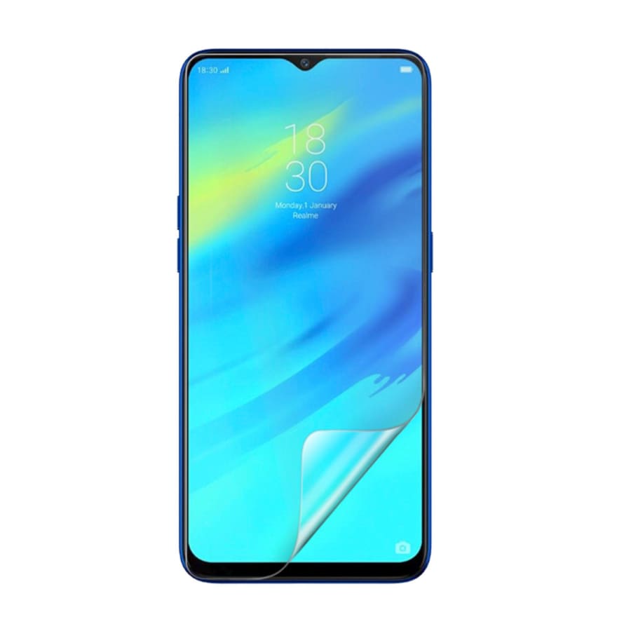 Hydrogel screen protector for Realme 2 Pro by 9eight5, showing a clear, flexible film covering the phone screen.