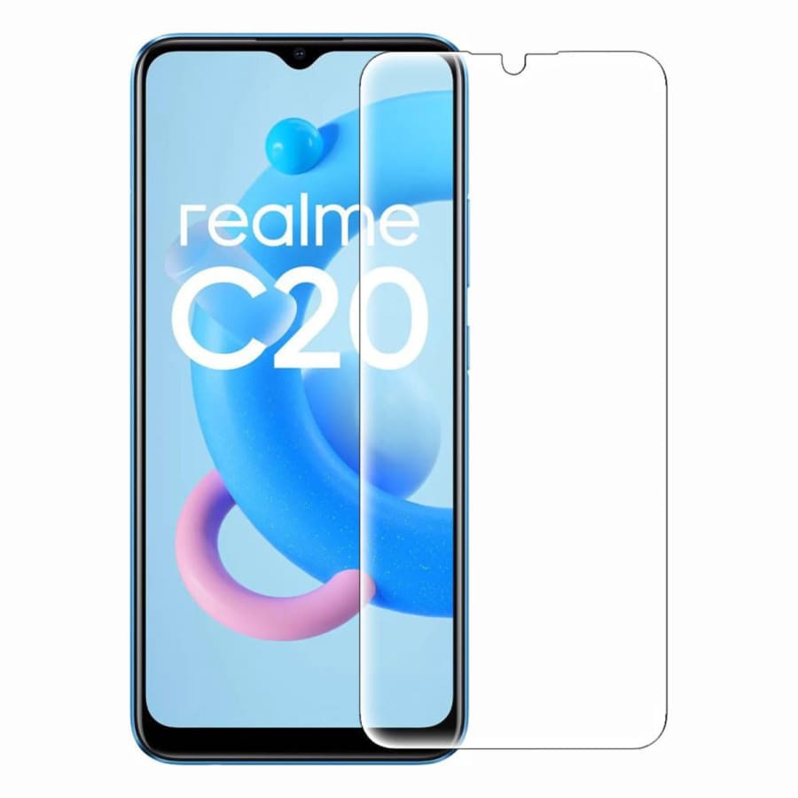 Hydrogel screen protector for Realme C20 by 9eight5, pack of 2, showing clear, flexible film covering the phone screen.