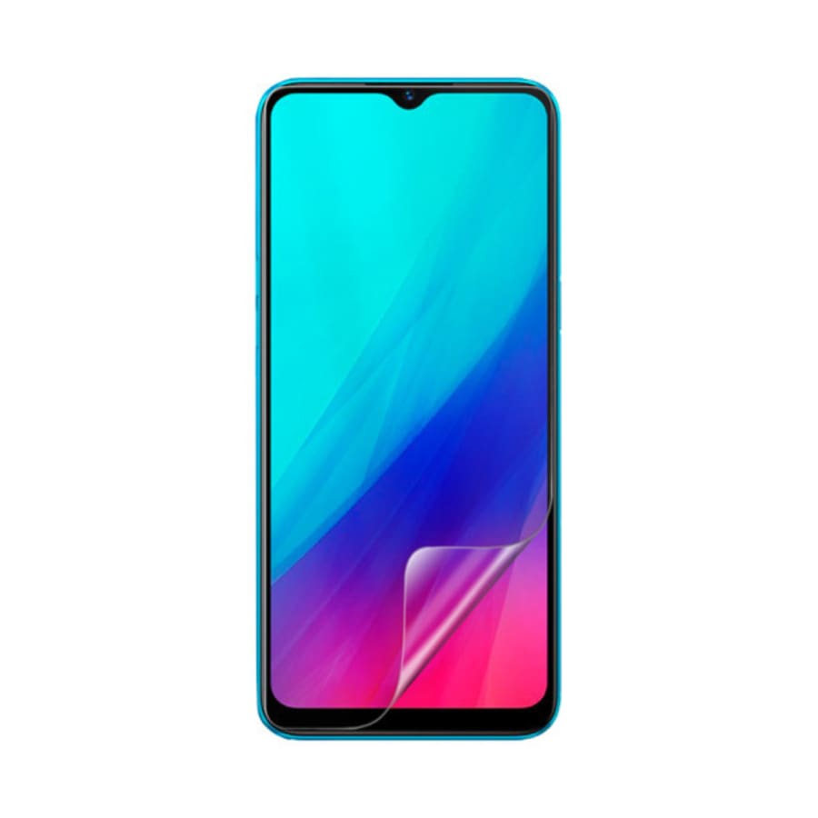 Hydrogel screen protectors for Realme C3i by 9eight5, pack of 2, showing clear, flexible, protective film on smartphone screen.