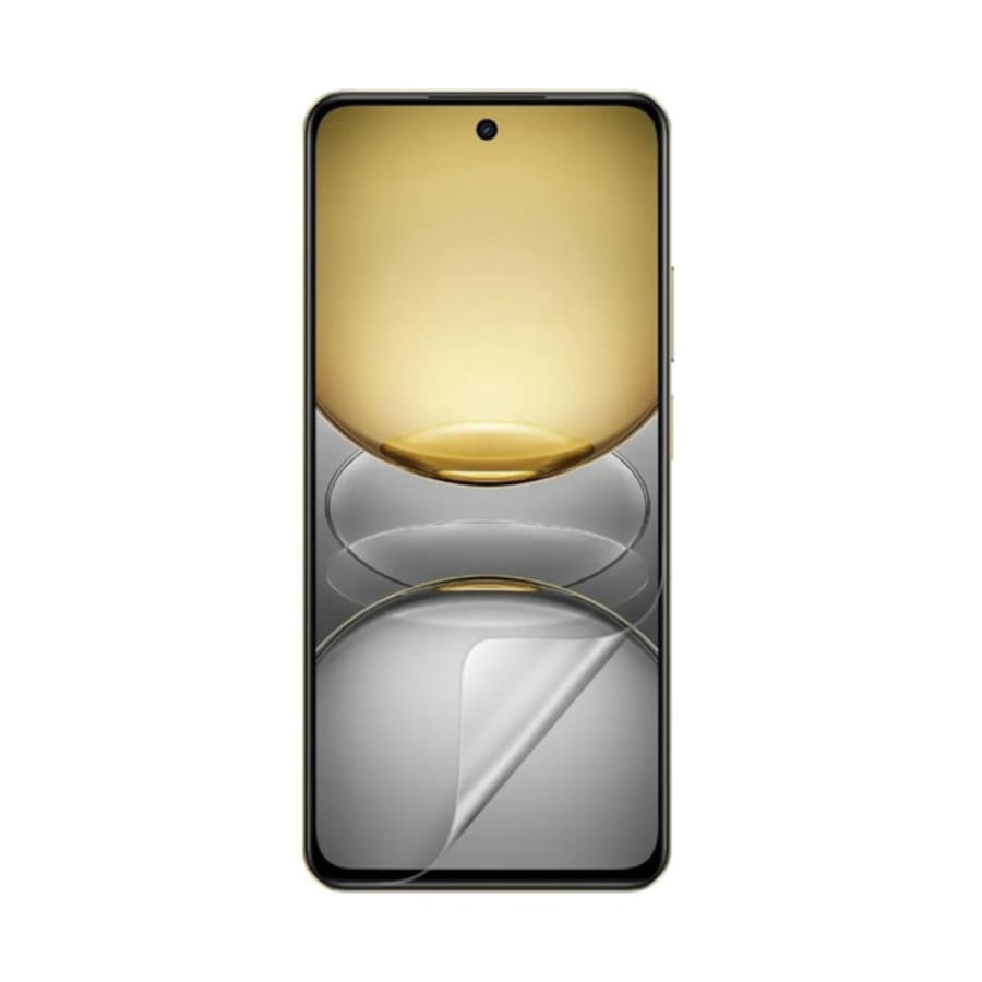 Hydrogel screen protector for Realme C75 by 9eight5, showing a clear, flexible film covering the phone screen with precise edges.