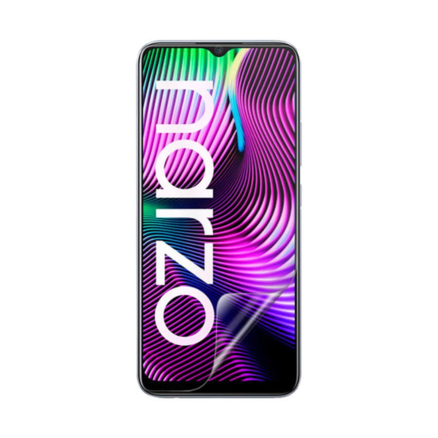 Hydrogel screen protector for Realme Narzo 20 by 9eight5, showing clear, flexible film covering the phone screen.