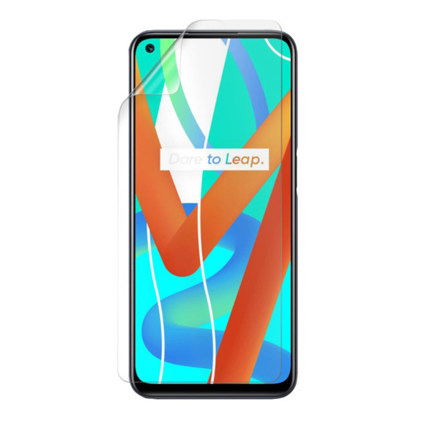 Hydrogel screen protector for Realme V13 by 9eight5, pack of 2, showing the clear, flexible film fitted on a smartphone screen.