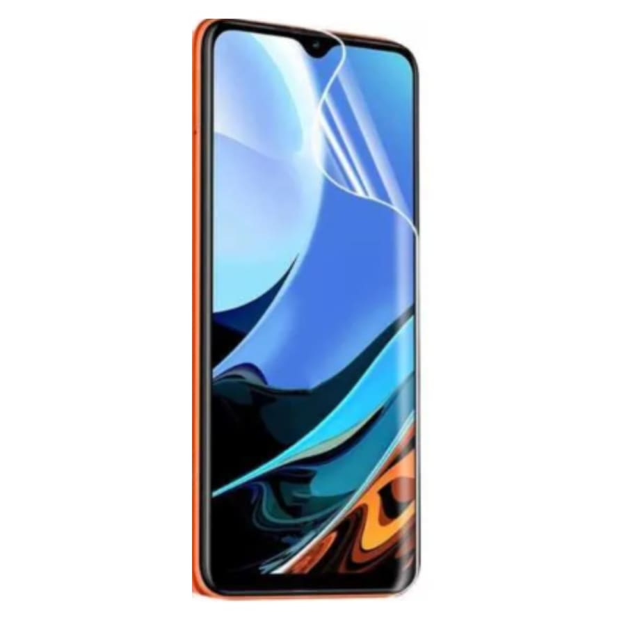 Hydrogel screen protector for Redmi 9T by 9eight5, showing a clear, flexible film covering the phone screen for protection.