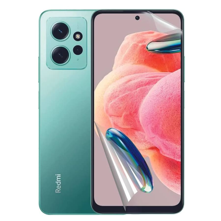 Hydrogel screen protector for Redmi Note 12 Discovery by 9eight5, showing a clear, flexible protective film on the phone screen.