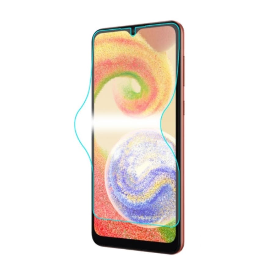 Hydrogel screen protector for Samsung Galaxy A04 and A04S by 9eight5, showing the clear, flexible film covering the phone screen.