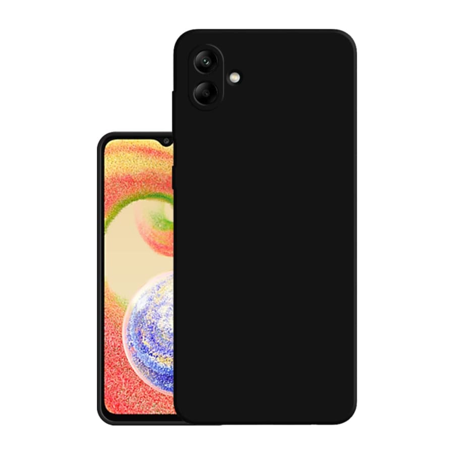 Black protective screen protector for Samsung Galaxy A04e by 9eight5, shown on a phone with the case installed.