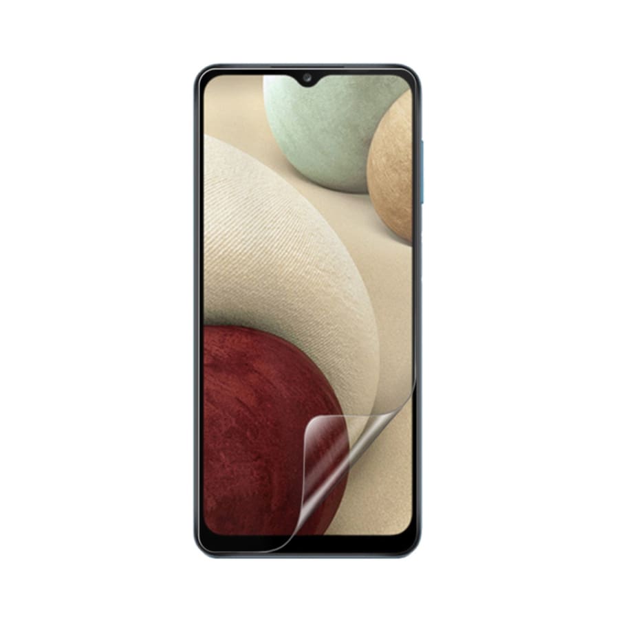 Hydrogel screen protector for Samsung Galaxy A12 Nacho by 9eight5, showing a clear, flexible shield covering the phone screen.